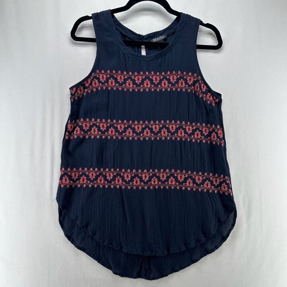 Lucky Brand Top Womens S Sleeveless Round Neck Rounded Hem Embroidered Navy Blue